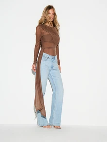 KIZN Bodysuit Lengan Panjang Jala dengan Tali Pengikat dan Kerah Bulat serta Detail Selempang Berlipat, Sempurna untuk Acara Malam dan Liburan - Coklat - View 5