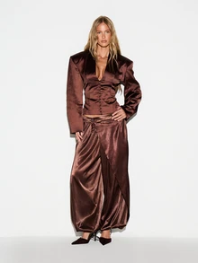 KIZN Satin Wide Leg Palazzo Pants With Draped Wrap Front Pleated Detail Low Rise Elastic Ankle Gathered Hem Evening Party Style - Coffee Brown - View 2
