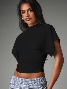 MISSGUIDED Mock Neck Crop Top With Flutter Sleeves And Ruched Waist Detail Cropped Fit Summer Essential - Black - View 4