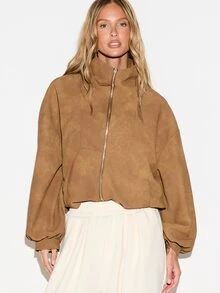 KIZN Jaket Bomber Suede Pendek Ukuran Besar dengan Kerah Tegak, Resleting Penuh, dan Lengan Balon, Pakaian Luar Musim Gugur dan Musim Dingin - Coklat - View 4