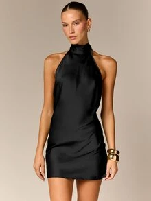 AiiRZ Satin Halter Mini Dress With Open Back Tie Neck And Sleeveless Design Perfect For Party Date Night And Holiday Evenings - Black - View 5