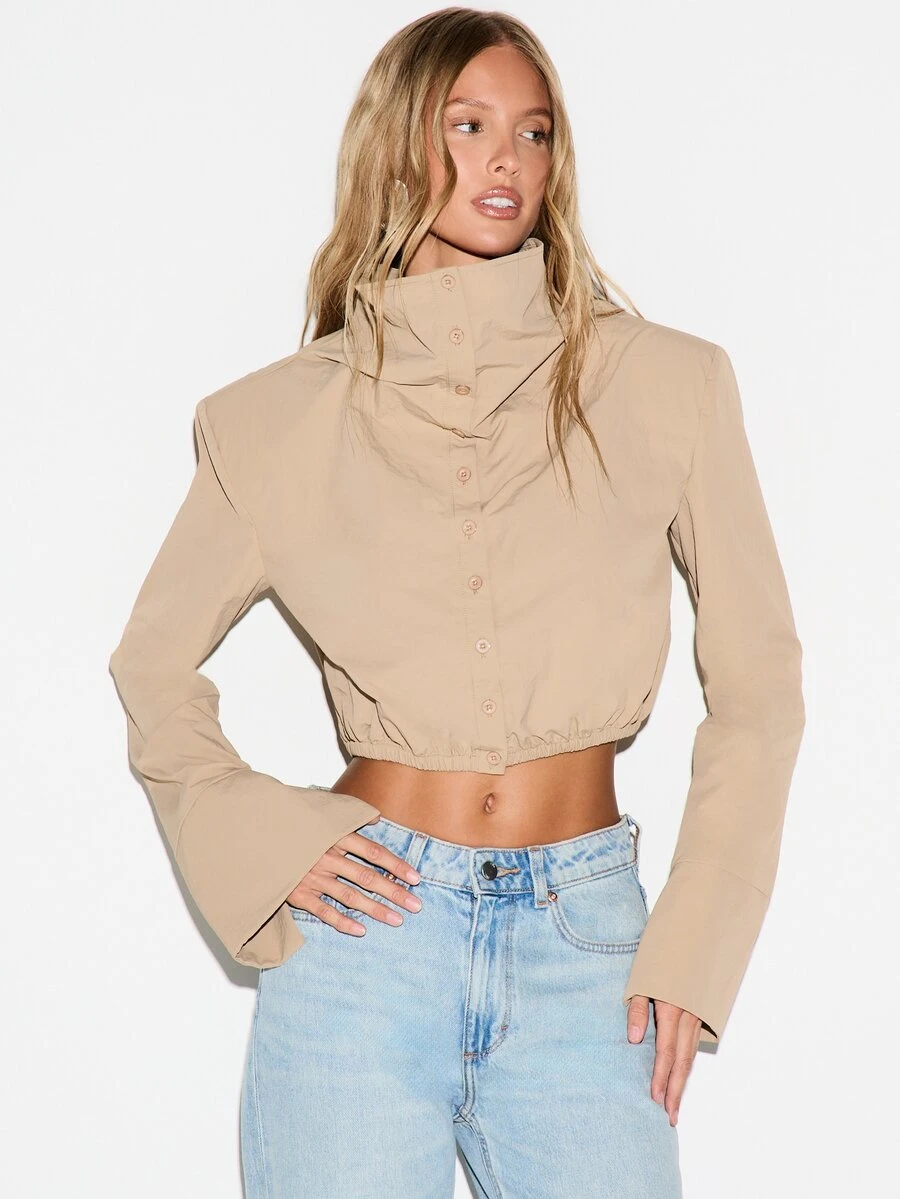 KIZN Boxy Fit Cropped High Neck Button Down Shirt With Bell Sleeves Elastic Hem Structured Shoulder Detail Spring Summer Transitional Top - Khaki - View 1