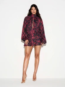 KIZN Leopard Print Mini Romper With Mock Neck Keyhole Front Balloon Sleeves And Ruffle Hem Drop Waist Party Holiday Look - Red - View 3