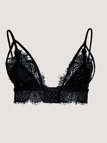 KIZN Floral Lace Triangle Bralette With Deep Plunge Neckline Eyelash Trim And Adjustable Double Spaghetti Straps Lingerie Top Party - Black - View 4