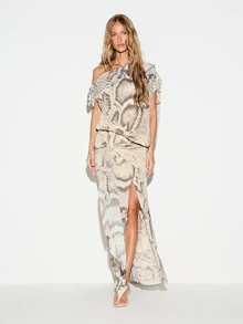 KIZN Snake Print Off-Shoulder Maxi Dress With Cinched Ruched Waist Batwing Sleeve Front Slit Summer Party Evening Gown - Multicolor - View 1
