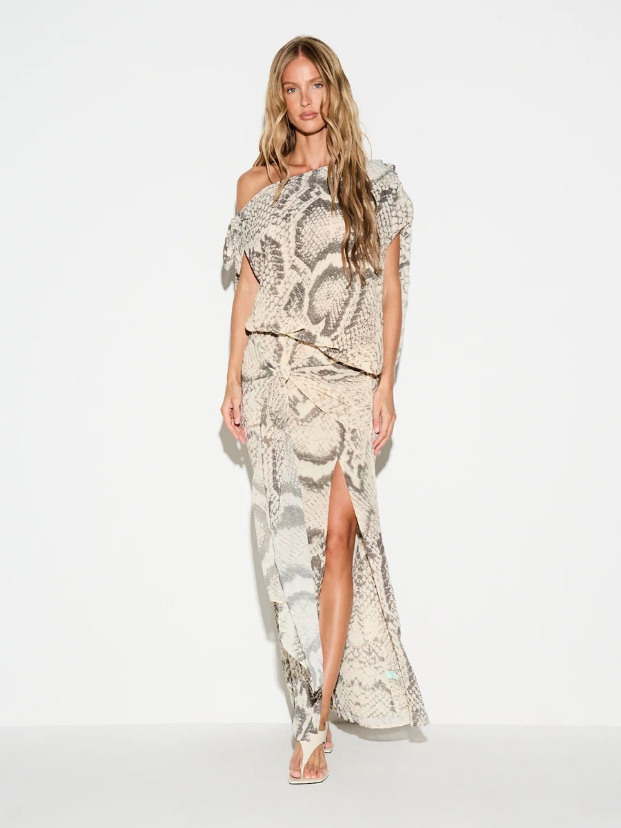 KIZN Snake Print Off-Shoulder Maxi Dress With Cinched Ruched Waist Batwing Sleeve Front Slit Summer Party Evening Gown - Multicolor - View 1