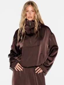 KIZN Atasan Pullover Oversized Satin dengan Resleting Setengah, Kerah Tegak, dan Saku Tempel, Sentuhan Halus Mewah, Cocok untuk Musim Gugur dan Musim Dingin. - Coffee Brown - View 1