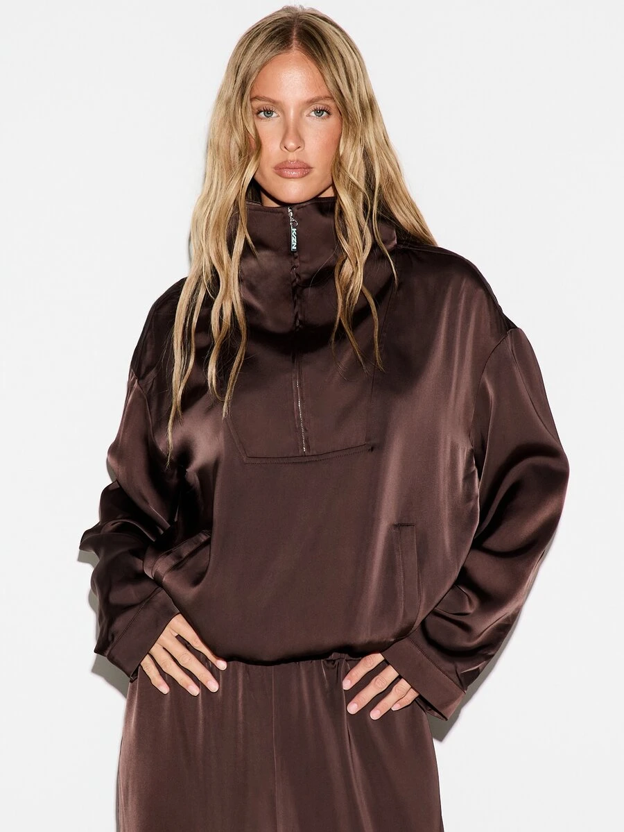 KIZN Atasan Pullover Oversized Satin dengan Resleting Setengah, Kerah Tegak, dan Saku Tempel, Sentuhan Halus Mewah, Cocok untuk Musim Gugur dan Musim Dingin. - Coffee Brown - View 1