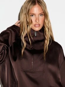 KIZN Atasan Pullover Oversized Satin dengan Resleting Setengah, Kerah Tegak, dan Saku Tempel, Sentuhan Halus Mewah, Cocok untuk Musim Gugur dan Musim Dingin. - Coffee Brown - View 5