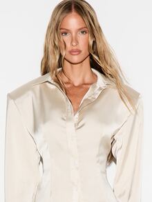 KIZN Satin Collared Button-Front Long Sleeve Shirt With Curved Hem And Structured Shoulders For Office And Evening Occasions - Apricot - View 5