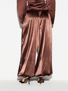 KIZN Satin Wide Leg Palazzo Pants With Draped Wrap Front Pleated Detail Low Rise Elastic Ankle Gathered Hem Evening Party Style - Coffee Brown - View 3