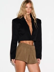 KIZN High Rise Linen Feel Mini Shorts With Elastic Waistband Cuffed Hem And Side Pockets Summer Holiday Casual Everyday Style - Brown - View 5