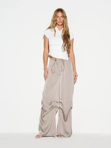 KIZN Satin Wide Leg Pants With Drawstring Waist Ruched Detail Flowy Palazzo Trousers Perfect For Evening Spring Summer - Silver - View 2