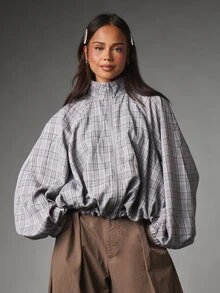 MISSGUIDED Jaket Kotak-kotak Ukuran Besar dengan Resleting Setengah, Kerah Tegak, Lengan Balon Dramatis, dan Hem Elastis, Pakaian Luar Musim Gugur/Musim Dingin - MultiWarna - View 1