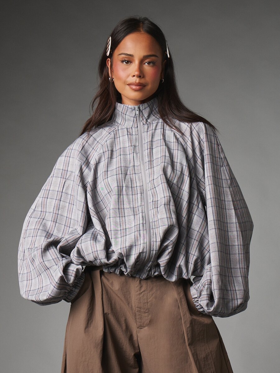 MISSGUIDED Jaket Kotak-kotak Ukuran Besar dengan Resleting Setengah, Kerah Tegak, Lengan Balon Dramatis, dan Hem Elastis, Pakaian Luar Musim Gugur/Musim Dingin - MultiWarna - View 1