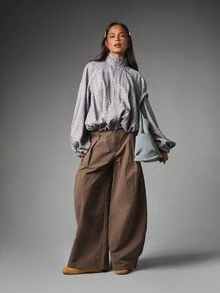 MISSGUIDED Jaket Kotak-kotak Ukuran Besar dengan Resleting Setengah, Kerah Tegak, Lengan Balon Dramatis, dan Hem Elastis, Pakaian Luar Musim Gugur/Musim Dingin - MultiWarna - View 4