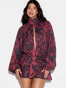 KIZN Leopard Print Mini Romper With Mock Neck Keyhole Front Balloon Sleeves And Ruffle Hem Drop Waist Party Holiday Look - Red - View 6