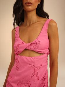 Dancing Leopard Pink Broderie Cut-Out Twist Front Mini Dress, Holiday/Vacation Wear - Pink - View 5