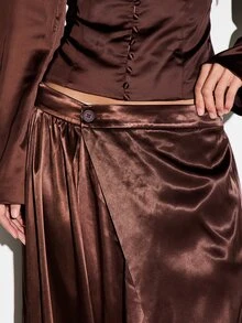KIZN Satin Wide Leg Palazzo Pants With Draped Wrap Front Pleated Detail Low Rise Elastic Ankle Gathered Hem Evening Party Style - Coffee Brown - View 4