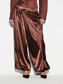 KIZN Satin Wide Leg Palazzo Pants With Draped Wrap Front Pleated Detail Low Rise Elastic Ankle Gathered Hem Evening Party Style - Coffee Brown - View 1