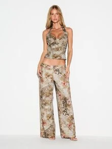 KIZN Low Rise Wide Leg Floral Leopard Baroque Mixed Animal Print Full Length Denim Jeans With Side Pockets Spring Summer Festival Pants - Multicolor - View 2