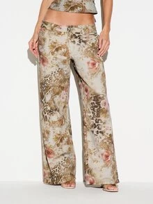 KIZN Low Rise Wide Leg Floral Leopard Baroque Mixed Animal Print Full Length Denim Jeans With Side Pockets Spring Summer Festival Pants - Multicolor - View 1