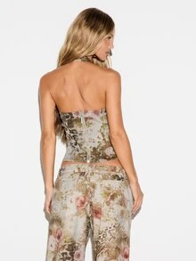 KIZN Baroque Floral Leopard Print Denim Corset Halter Top Sweetheart Neckline Back Zip Structured Crop Summer Festival Style - Multicolor - View 2