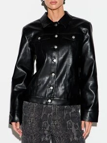 KIZN 人造皮革卡車司機夾克，鈕扣開襟，胸前口袋，修身剪裁，臀部長度，秋冬外套 - 黑色 - 查看 4