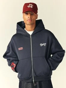 PLAYBOY X SUMWON Full-Zip Oversized Hoodie With Iconic Bunny Logo Back Print And Varsity Script Chest Detail - Navy Blue - View 4