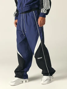 SUMWON Wide Leg Track Pants With Color Block Design And Contrast Piping Drawstring Waist Elastic Ankle Cuffs - Black - View 1