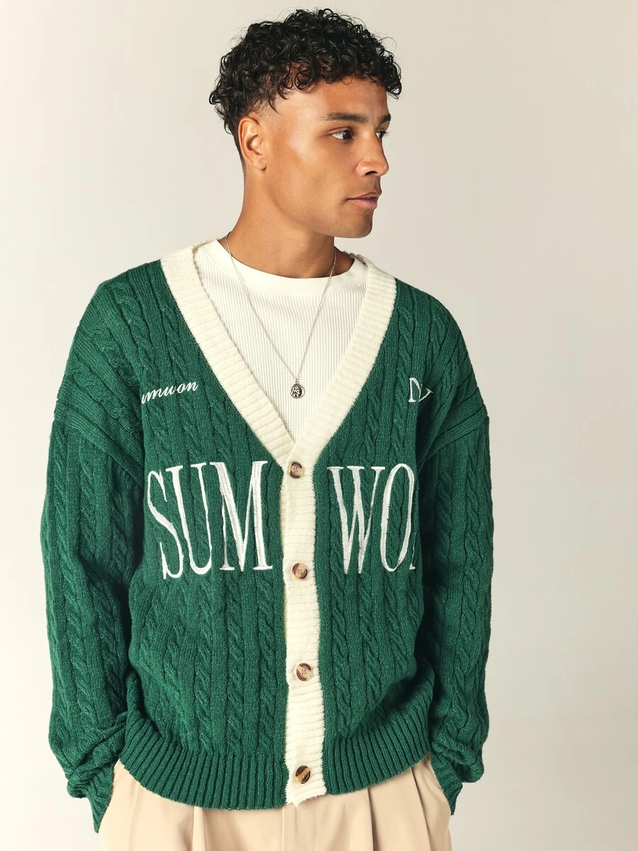 SUMWON Oversized Cable Knit Cardigan V-Neck Button-Up Long Sleeve Sweater With Contrast Cream Trim And Bold Logo Print - Green - View 1