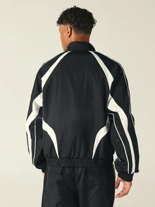 SUMWON 09 Windbreaker Jacket Full Zip Mandarin Collar White Contrast Panel Piping Long Sleeve Hip Length Regular Fit - Black and White - View 2