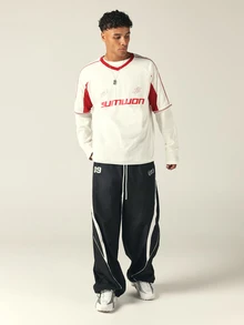 SUMWON Boxy Fit Oversized Mesh V-Neck Long Sleeve Jersey Top With Red Contrast Trim And Brand Logo Graphic Print - Red and White - View 3