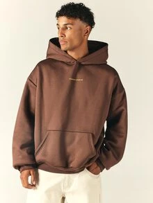 SUMWON Regular Oversized Pullover Hoodie With Large Back Logo Print Single Centre Pocket Casual Streetwear Fall Winter - Brown - View 6