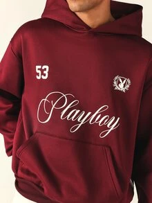 PLAYBOY X SUMWON Oversized Pullover Hoodie With Script Logo Print And Bunny Sheild Graphic On Solid Fleece Long Sleeve Top - Burgundy - View 5