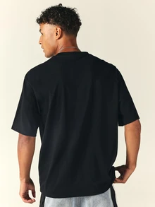 SUMWON Oversized Crew Neck Short Sleeve Solid Black T-Shirt With Small Chest Logo Print, Relaxed Casual Everyday Essential Tee - Black - View 2