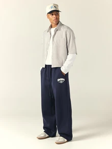 SUMWON Collegiate Sheild Wide Leg Sweatpants With Drawstring Waist And Varsity Logo Print For Fall Winter - Blue - View 3