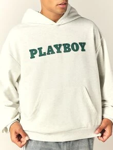 PLAYBOY X SUMWON Oversized Pullover Hoodie With Varsity Applique Logo Chest Print Single Centre Pocket Casual Streetwear Fall Winter Essential - White - View 1