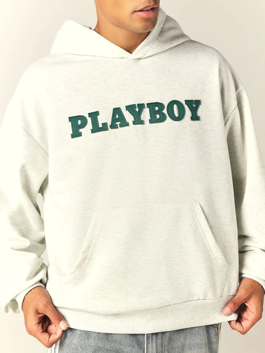 PLAYBOY X SUMWON Oversized Pullover Hoodie With Varsity Applique Logo Chest Print Single Centre Pocket Casual Streetwear Fall Winter Essential - White - View 1