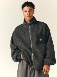 SUMWON Oversized Sherpa Fleece Full-Zip Jacket With Contrast Black Panel Chest Pocket And Gothic Logo Embroidery For Winter - Grey - View 6