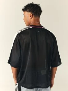 PLAYBOY X SUMWON Number 53 Oversized Mesh Football Jersey V-Neck With Contrast Silver Panels And Burgundy Trim - Black - View 2