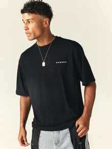 SUMWON Oversized Crew Neck Short Sleeve Solid Black T-Shirt With Small Chest Logo Print, Relaxed Casual Everyday Essential Tee - Black - View 1