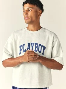PLAYBOY X SUMWON Áo thun dáng boxy lửng cổ tròn, in chữ Varsity Arch phía trước và logo thỏ oversized phía sau, món đồ thiết yếu mùa hè - Xám - Xem 4
