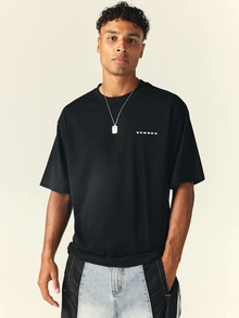 SUMWON Oversized Crew Neck Short Sleeve Solid Black T-Shirt With Small Chest Logo Print, Relaxed Casual Everyday Essential Tee - Black - View 4