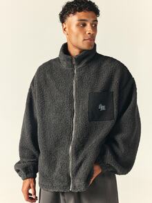 SUMWON Oversized Sherpa Fleece Full-Zip Jacket With Contrast Black Panel Chest Pocket And Gothic Logo Embroidery For Winter - Grey - View 1
