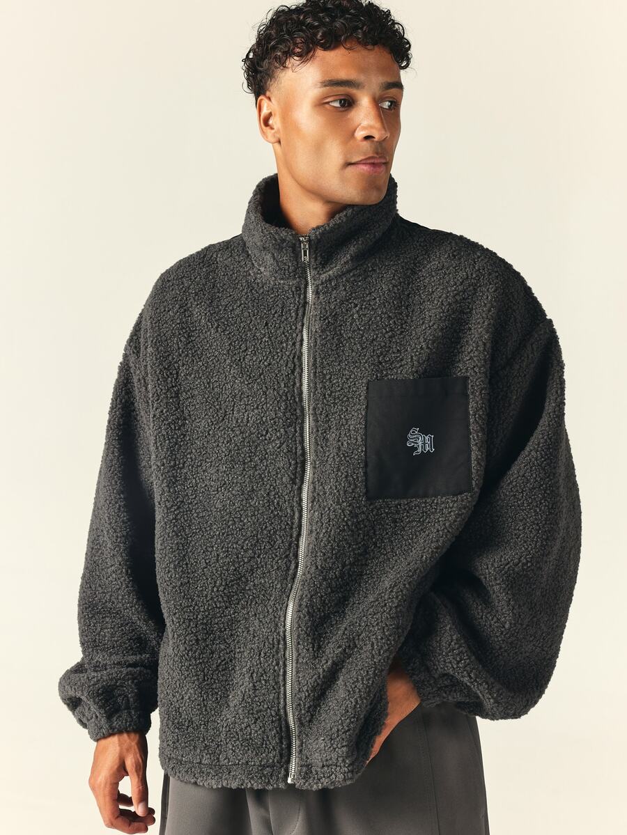 SUMWON Oversized Sherpa Fleece Full-Zip Jacket With Contrast Black Panel Chest Pocket And Gothic Logo Embroidery For Winter - Grey - View 1