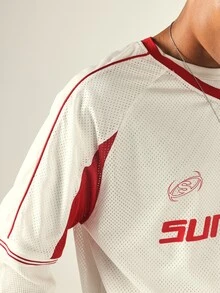 SUMWON Boxy Fit Oversized Mesh V-Neck Long Sleeve Jersey Top With Red Contrast Trim And Brand Logo Graphic Print - Red and White - View 5