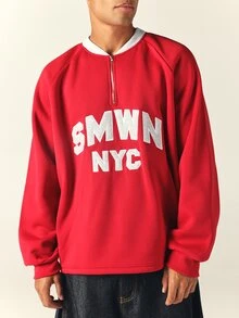 SUMWON Boxy Fit NYC Varsity Applique Half Zip Sweatshirt Oversized Collegiate Pullover Crew Neck Long Sleeve Fall Winter Top - Redwood - View 5