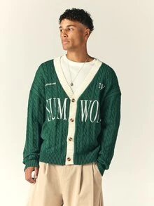 SUMWON Oversized Cable Knit Cardigan V-Neck Button-Up Long Sleeve Sweater With Contrast Cream Trim And Bold Logo Print - Green - View 4