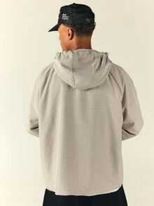 SUMWON Oversized Hooded Windbreaker Jacket With Full Zip Closure Checked Pattern Elasticated Cuffs Hip Length Lightweight Outerwear For Fall Winter - Khaki - View 2